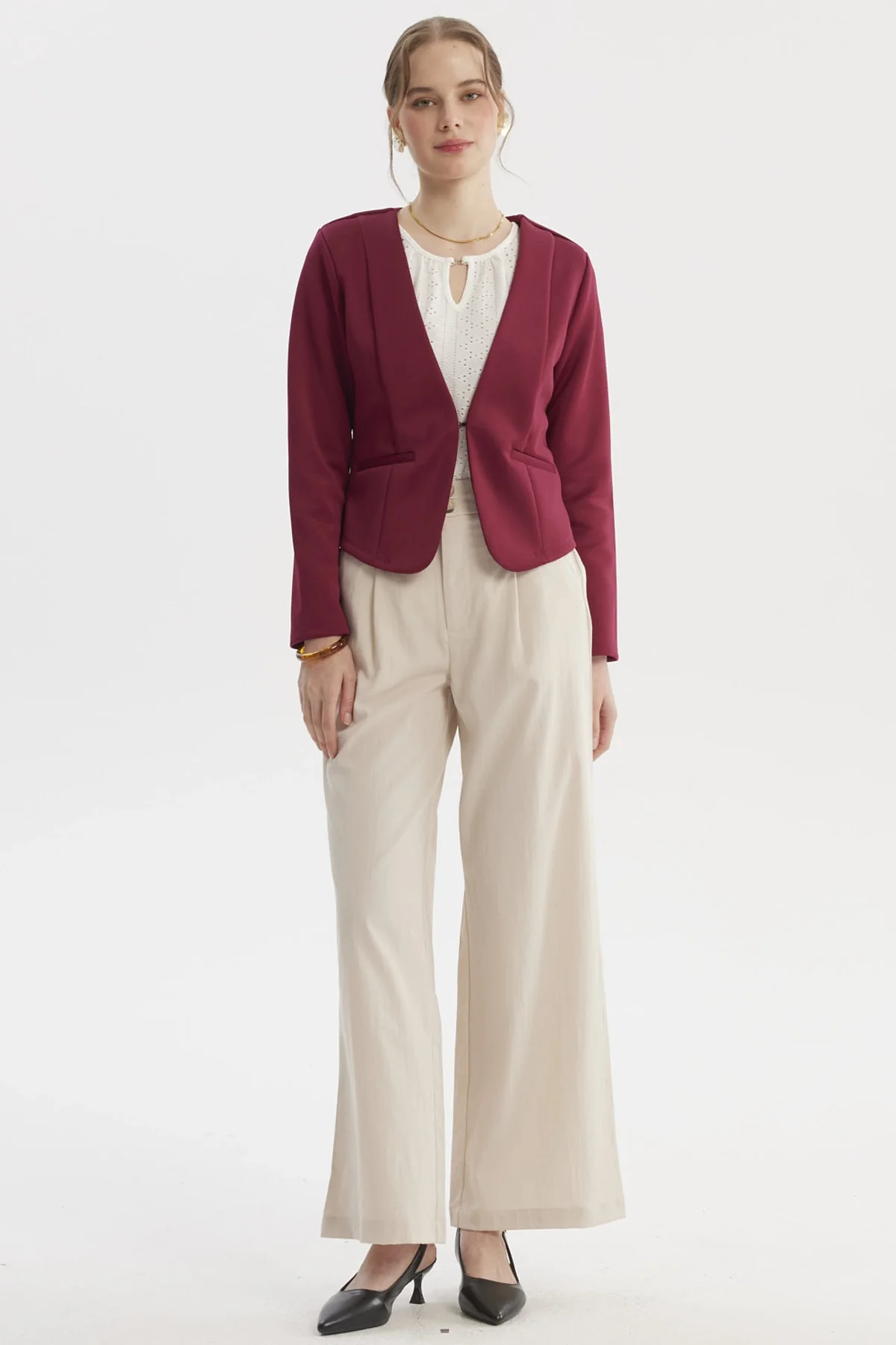 Blazer Mujer Sin Solapa Y Liso Vino - Image 4