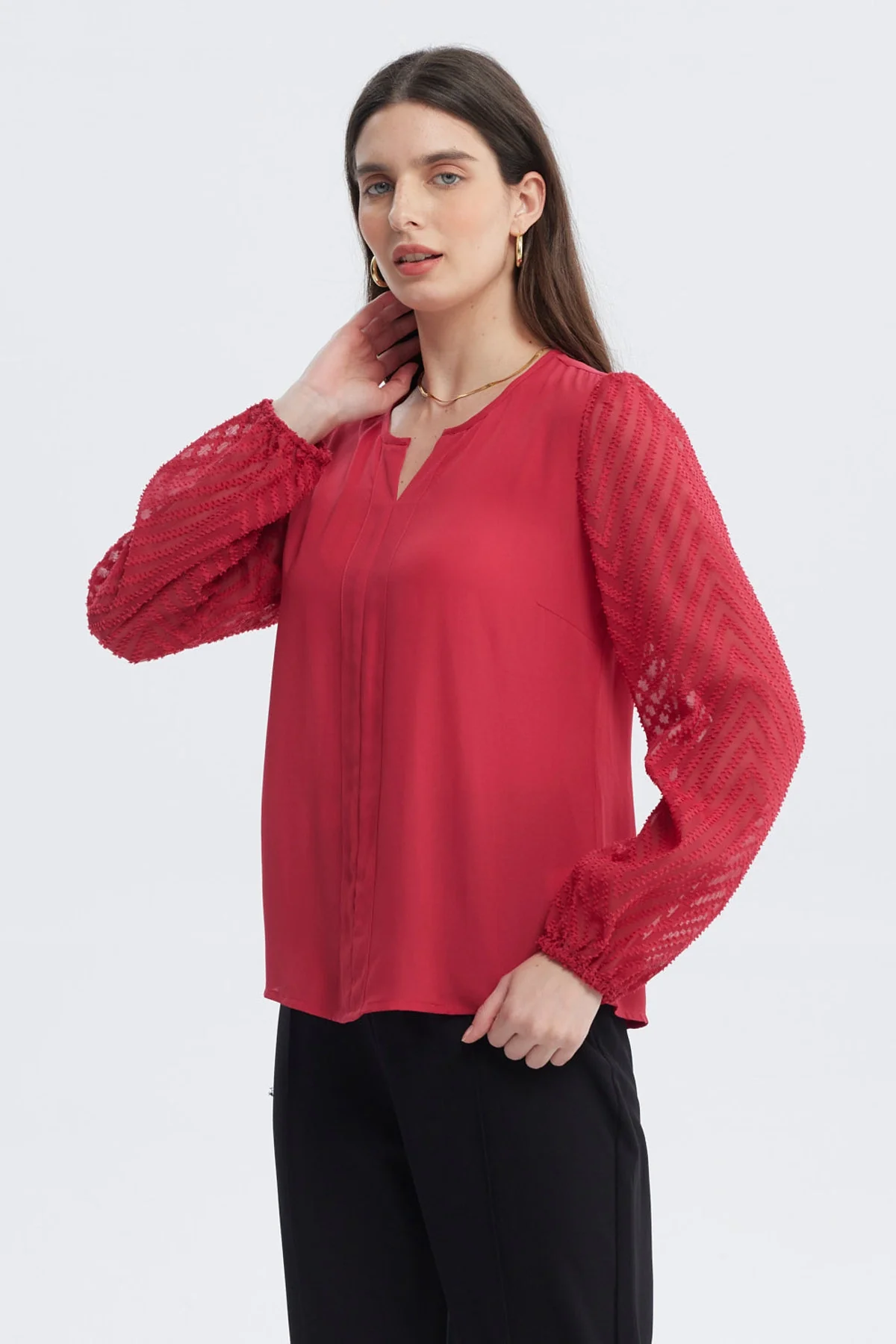 Blusa Mujer Cuello Y Puño En Contraste Rojo - Image 2