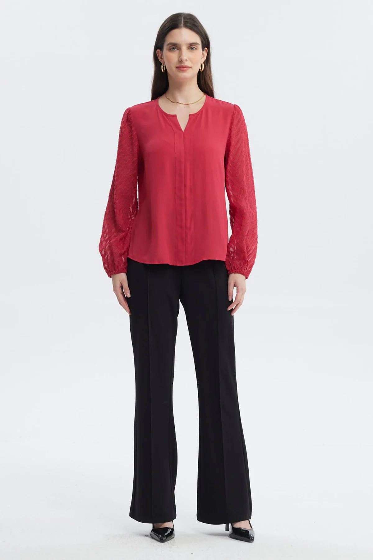 Blusa Mujer Cuello Y Puño En Contraste Rojo - Image 4