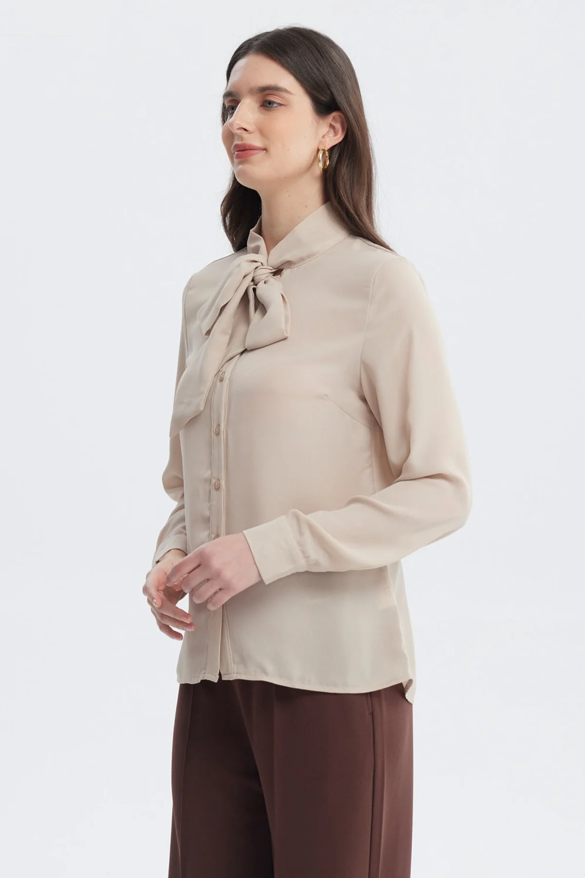 Blusa Mujer Lazo En El Cuello Beige - Image 2