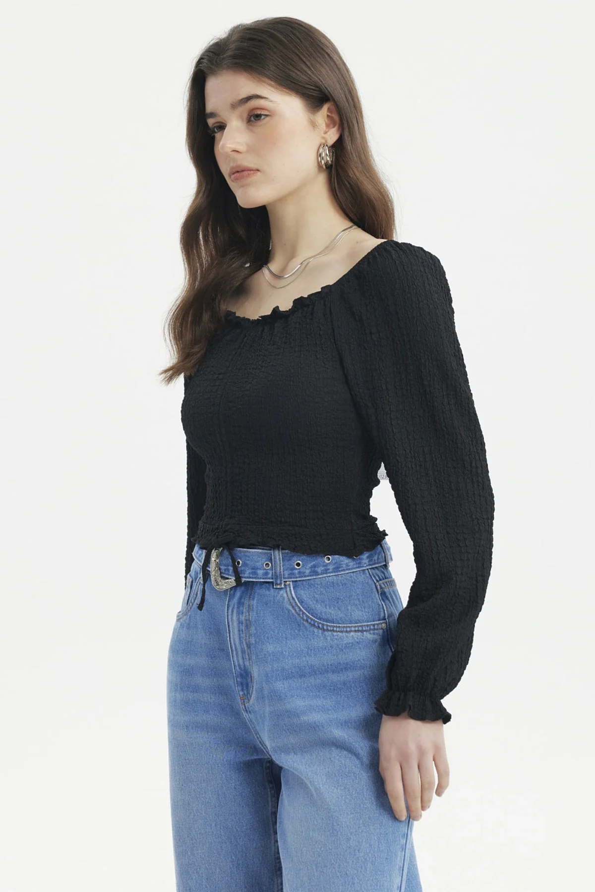 Blusa Mujer Recogido En El Pecho Negro - Image 2