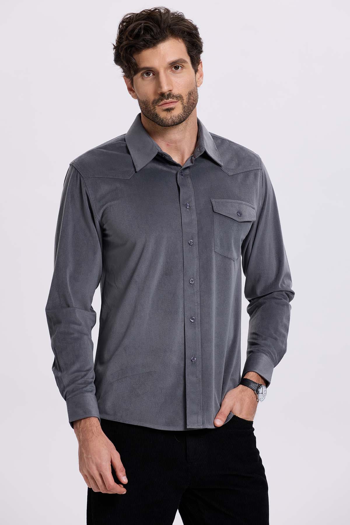 Camisa Hombre Cotelé Con Bolsillo Gris - Image 2