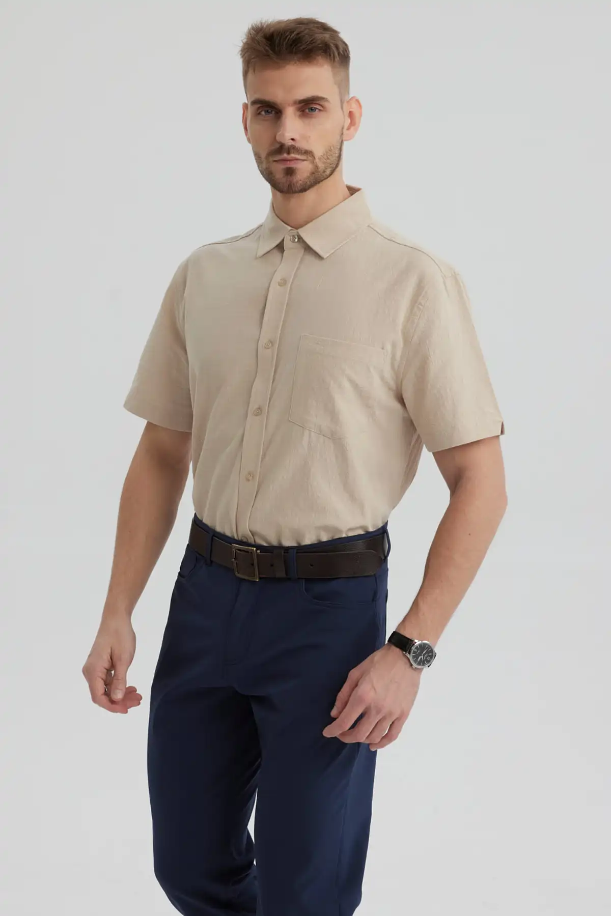 Camisa Hombre Lisa Beige - Image 2