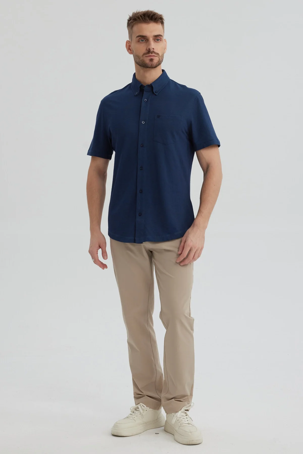 Camisa Hombre Piqué con Bolsillo Azul Marino - Image 4