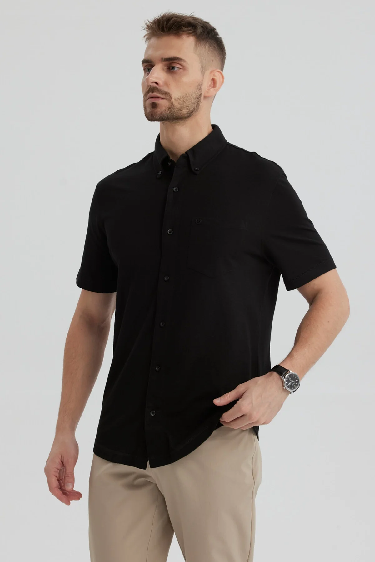 Camisa Hombre Piqué con Bolsillo Negro - Image 2