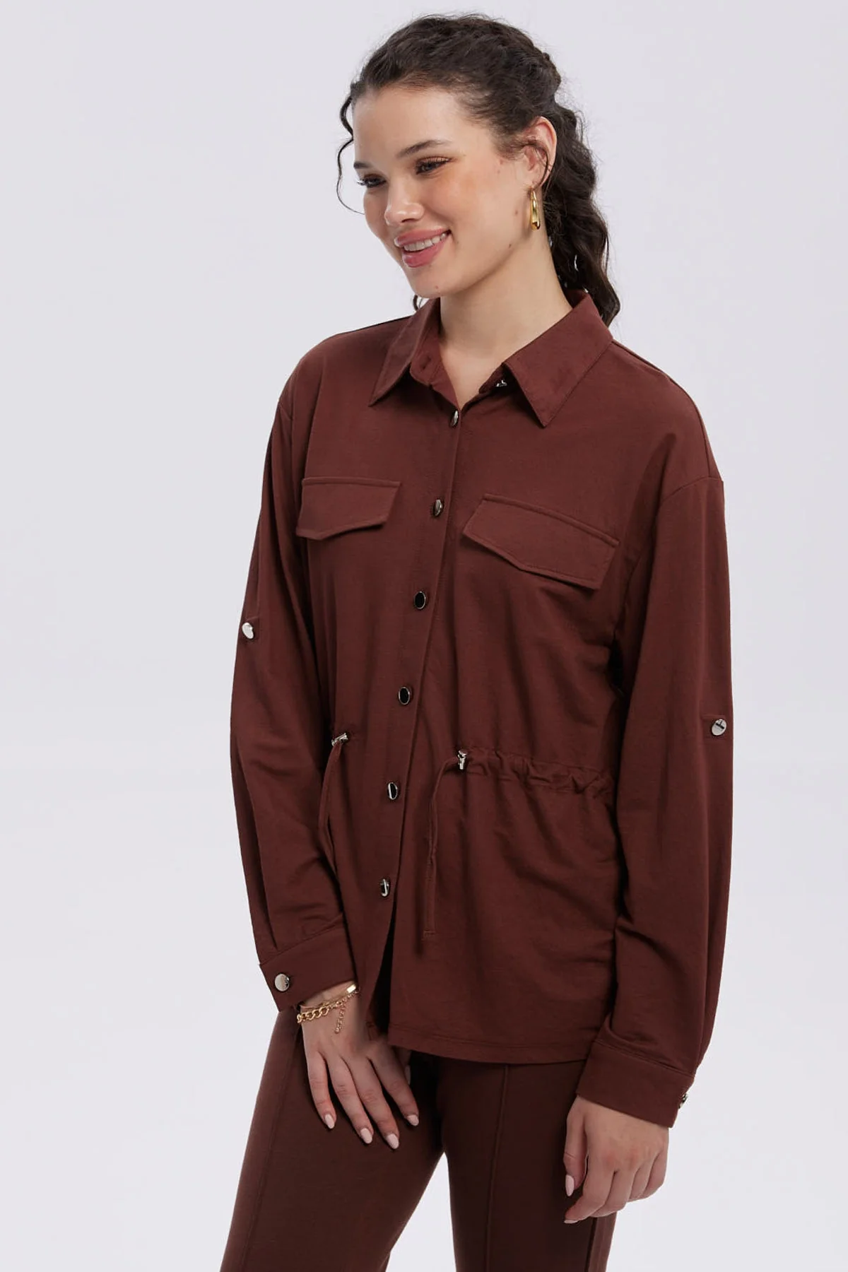 Chaqueta Mujer Over Shirt Café Oscuro - Image 2