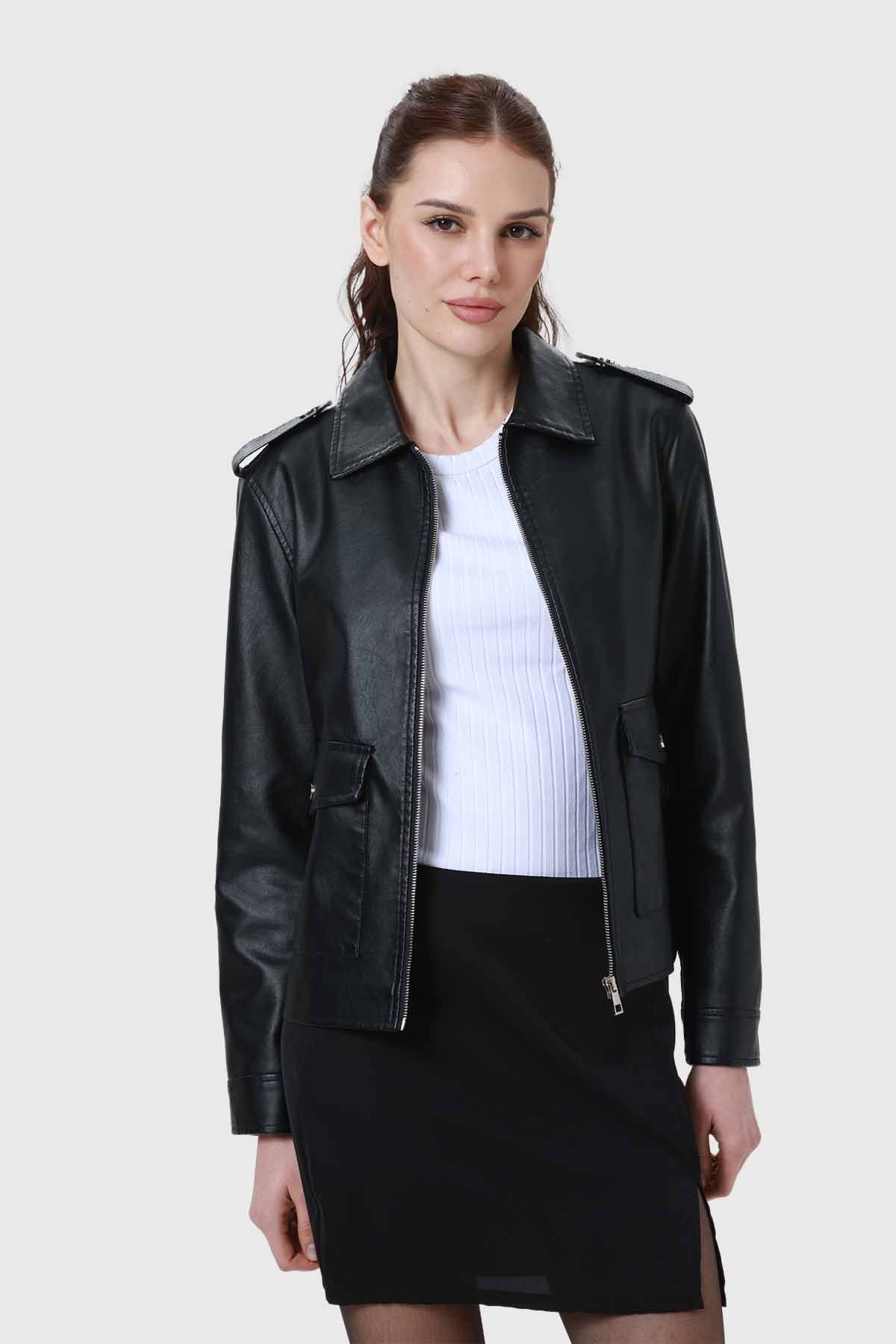 Chaqueta Mujer Efecto Cuero Negro - Image 2