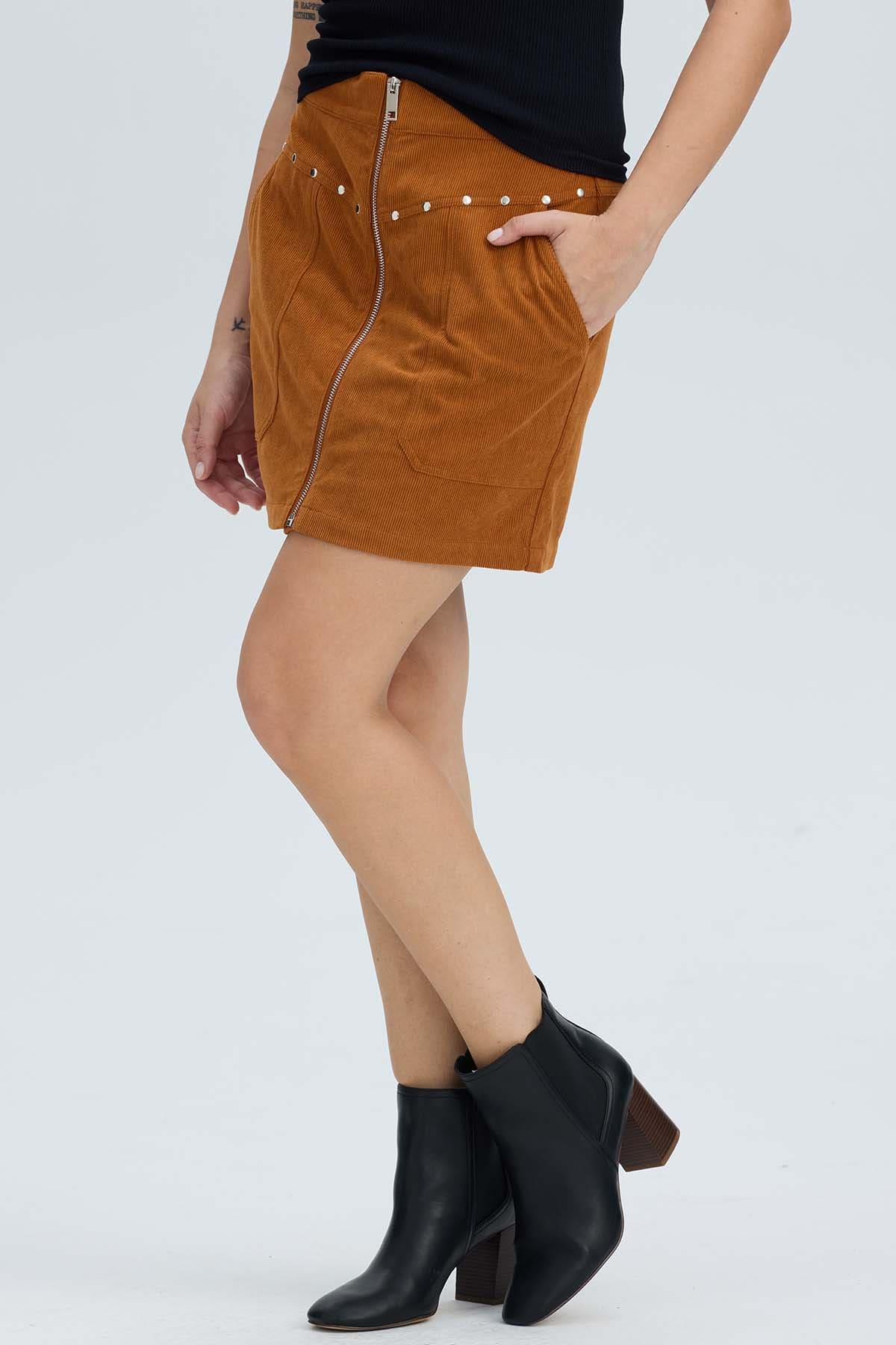 Falda Mujer Cotelé Cierre Delantero Camel Oscuro - Image 2