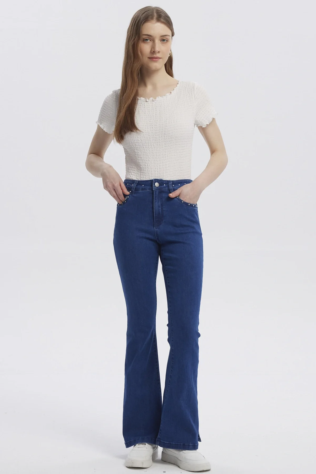 Jeans Mujer Moda Flare Azul Oscuro - Image 4