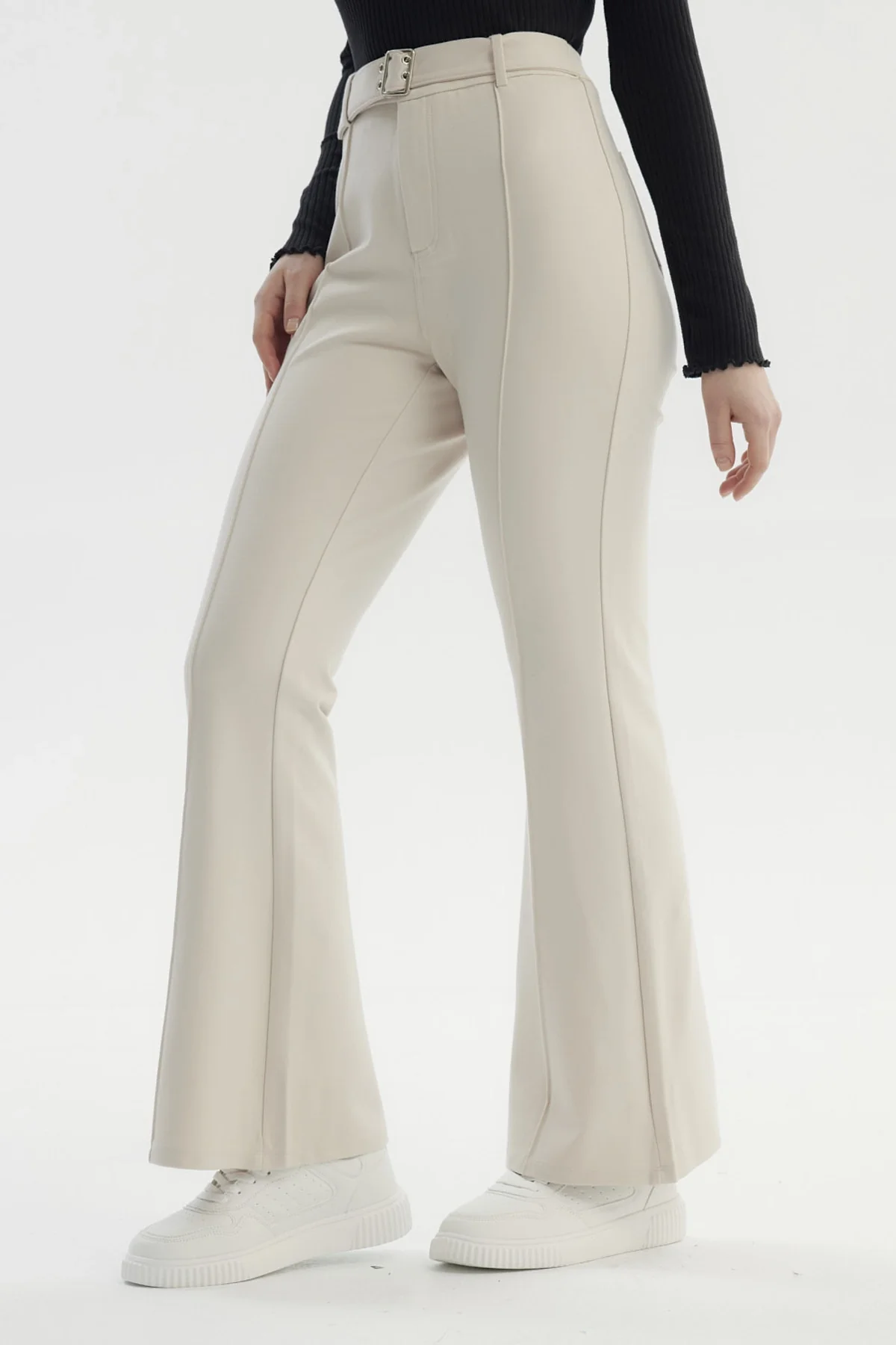 Pantalón Mujer Flare Cinturón Beige Claro - Image 2