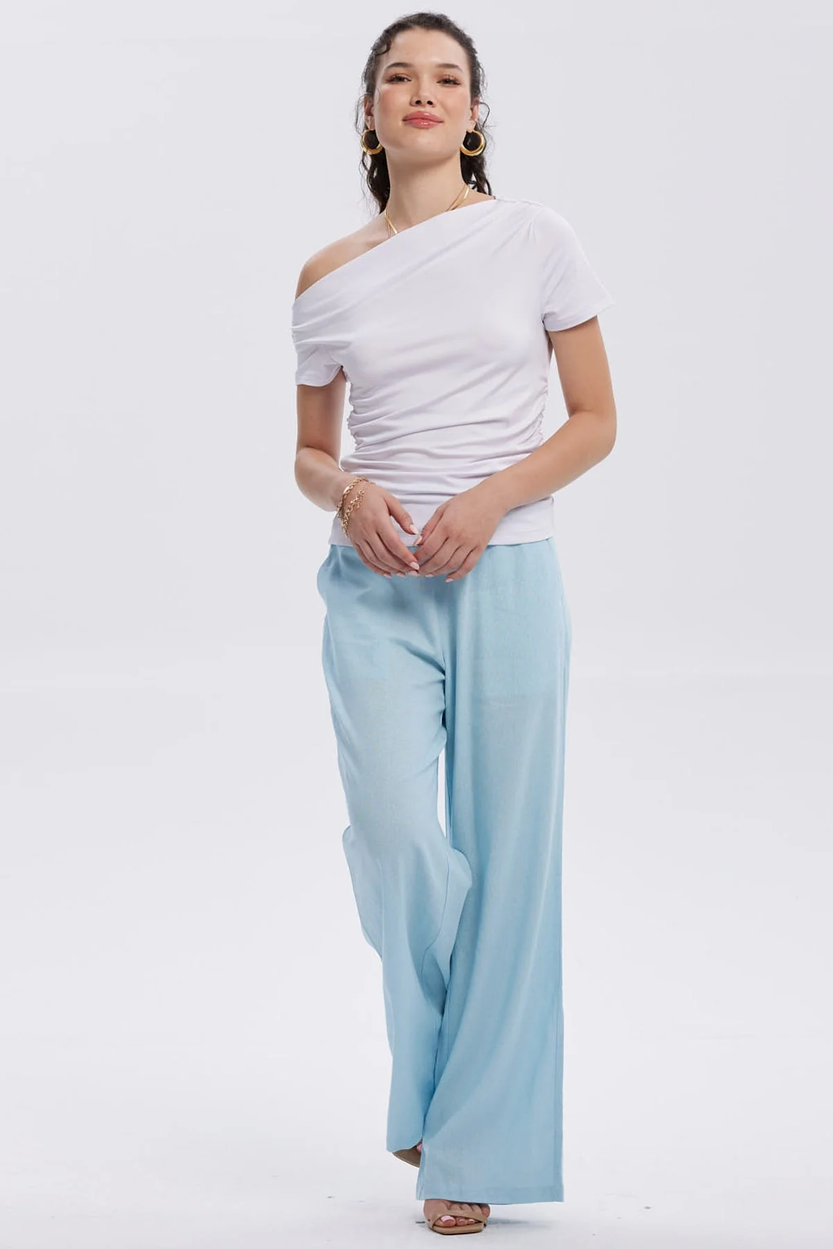 Pantalón Mujer Lino Sastrero Cierre Celeste - Image 4
