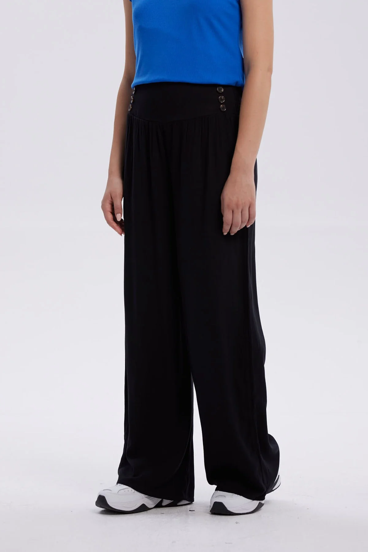 Pantalón Mujer Palazzo Aplicación Botones Negro - Image 2