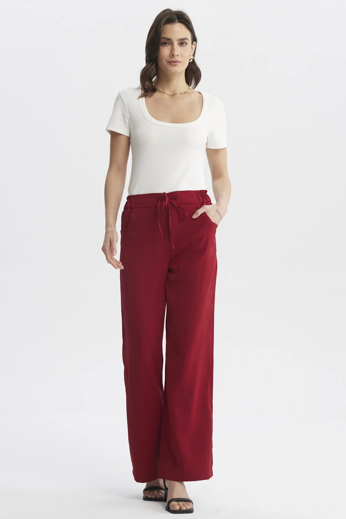 Pantalón Mujer Pretina Con Cordón Rojo Oscuro - Image 4