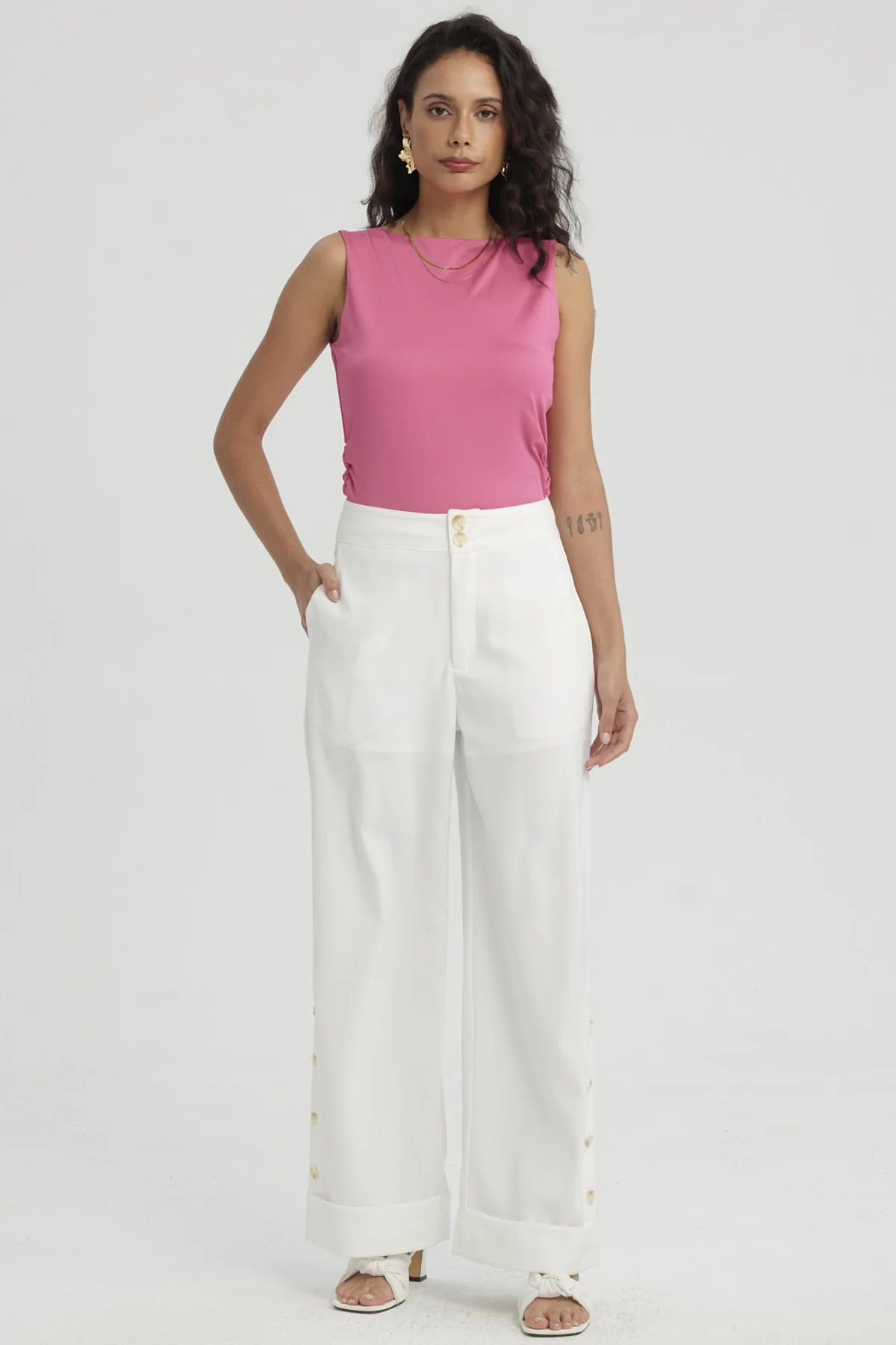 Pantalón Mujer Sastrero Aplicación Botón Costado Crudo - Image 4