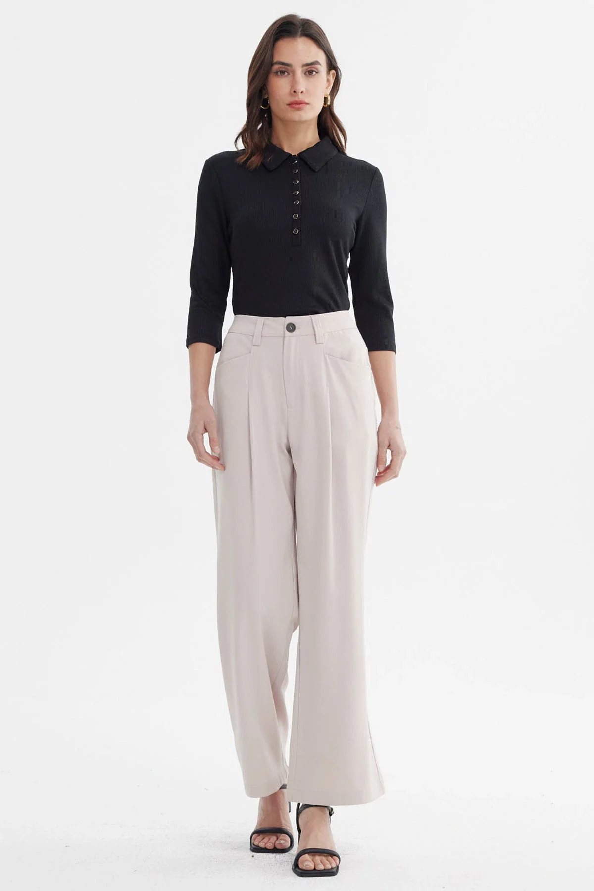 Pantalón Mujer Sastrero Pretina Botón Beige - Image 4