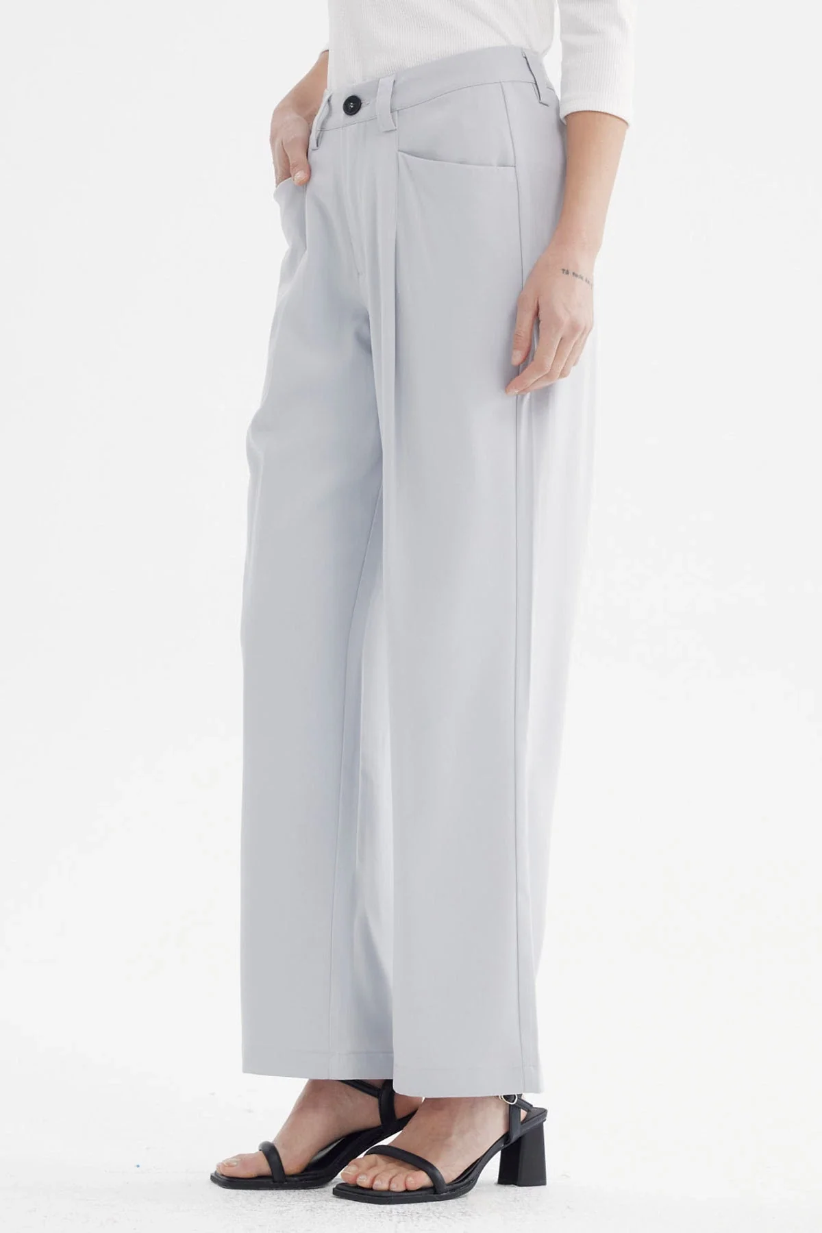 Pantalón Mujer Sastrero Pretina Botón Gris - Image 2