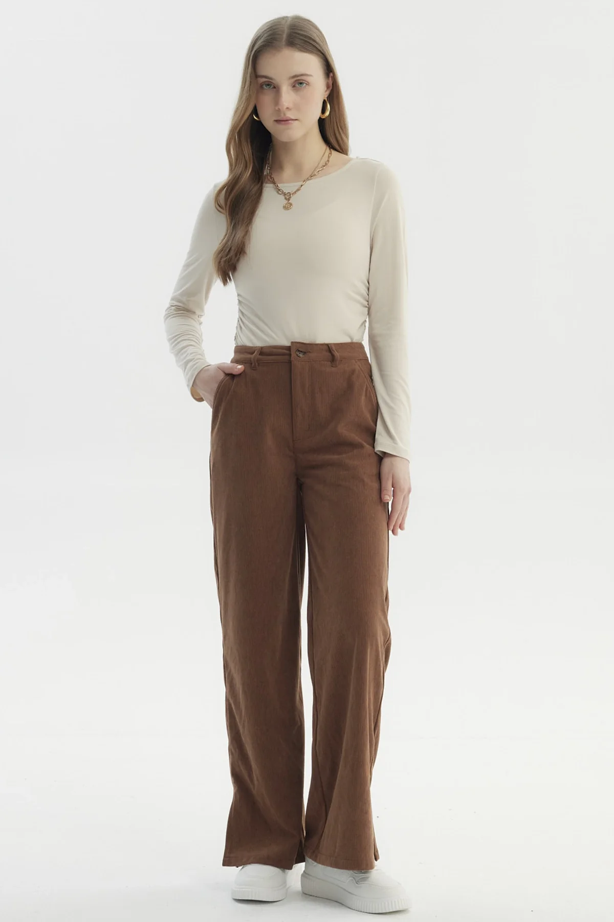 Pantalón Mujer Wide Leg Cotelé Camel - Image 4
