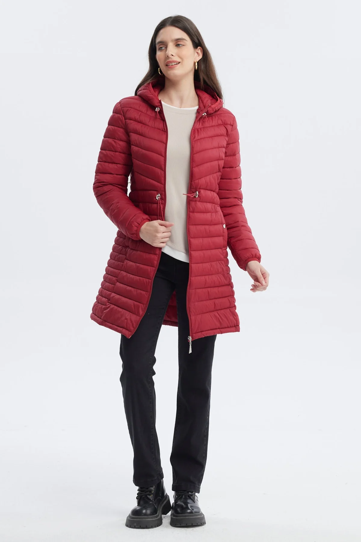 Parka Mujer Larga Básica Rojo Oscuro - Image 4