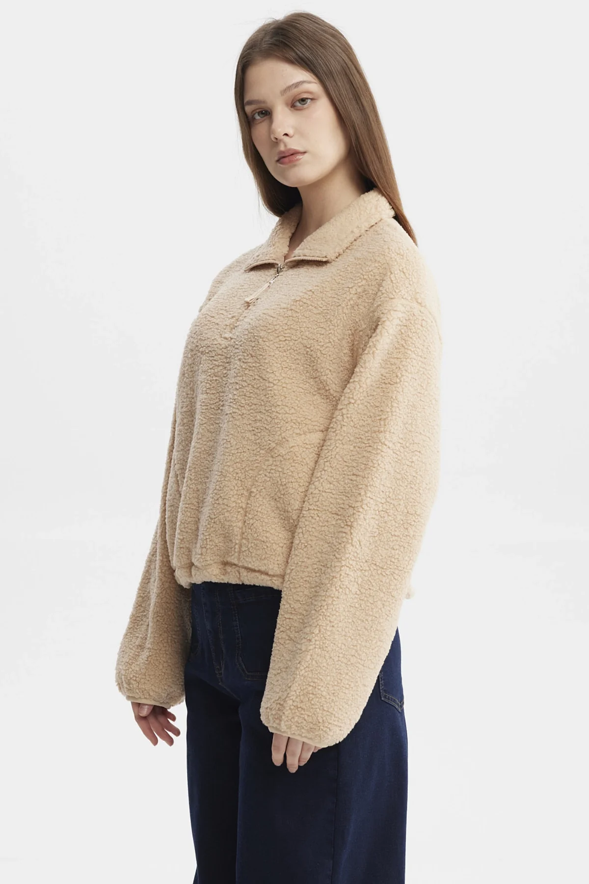 Polar Mujer Corderito Medio Cierre Beige - Image 2