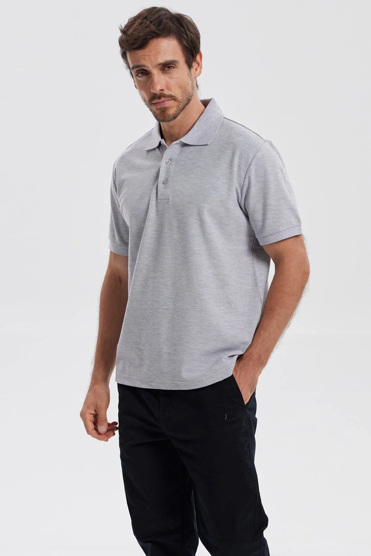 Polera Hombre Pique Básica Lisa Gris Melange - Image 2