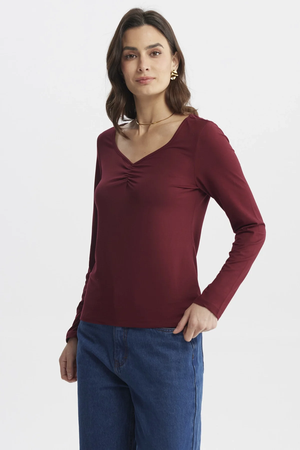 Polera Mujer Ajustado Cuello V Burdeo - Image 2