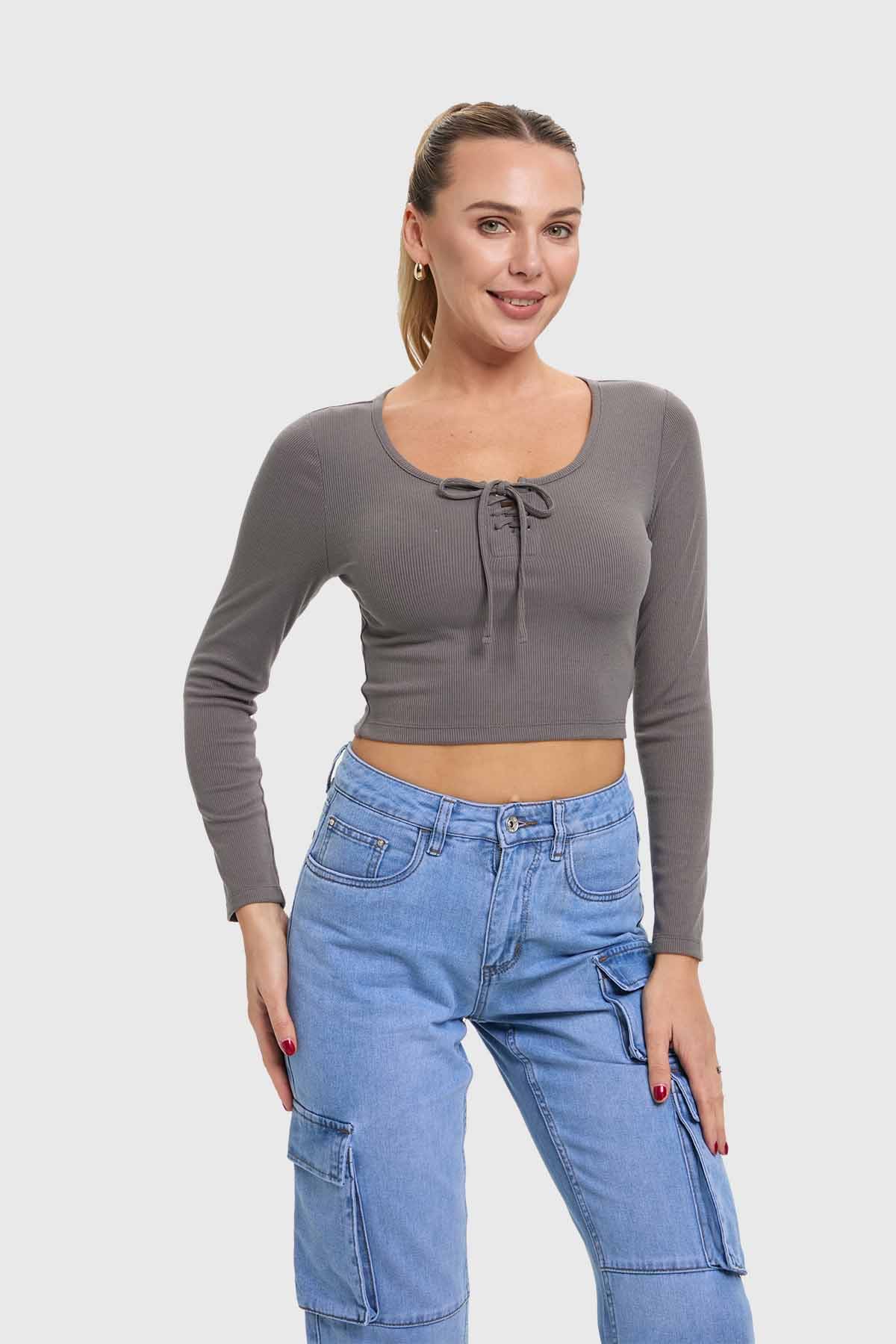 Polera Mujer Amarras Escote Gris - Image 2