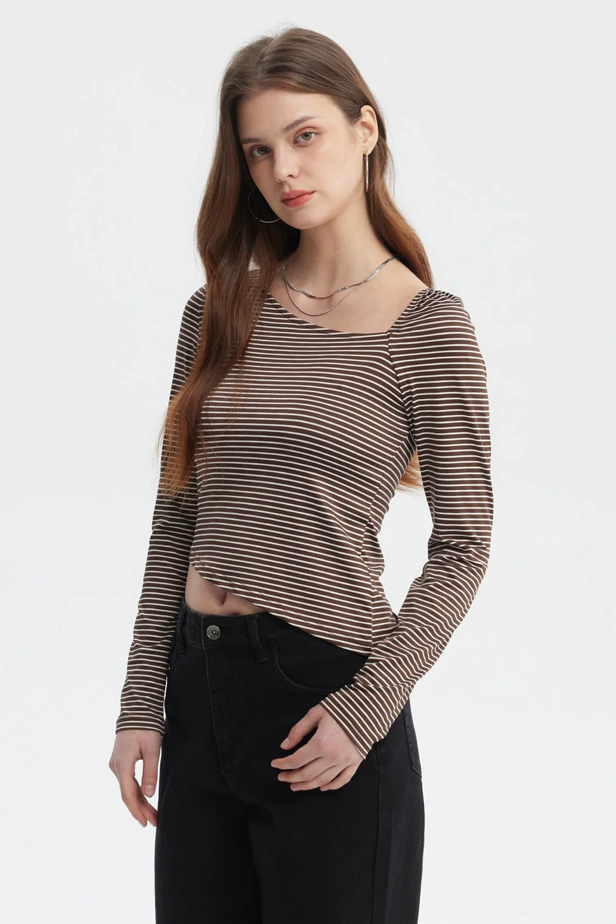 Polera Mujer Asimétrica Rayas Café Oscuro - Image 2