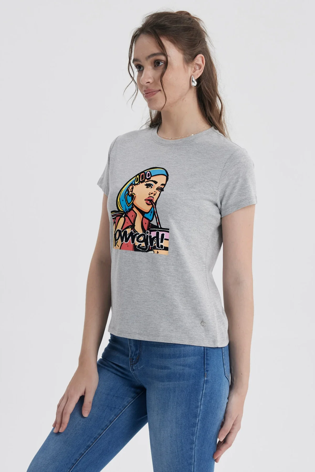Polera Mujer Básica Print Gris Melange / Rosado - Image 2