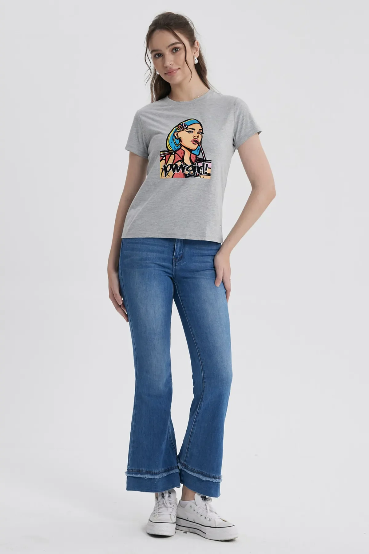Polera Mujer Básica Print Gris Melange / Rosado - Image 4