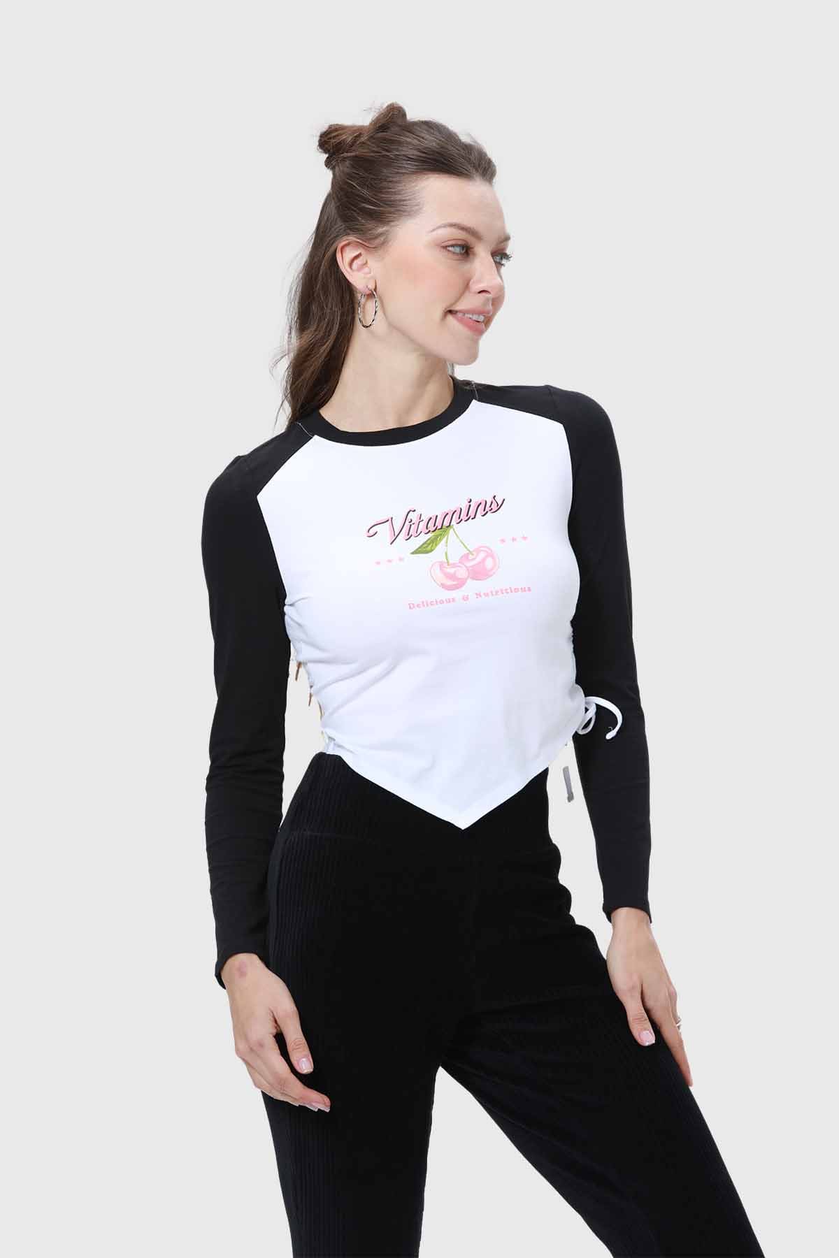 Polera Mujer Bicolor Recogido Negro - Image 2