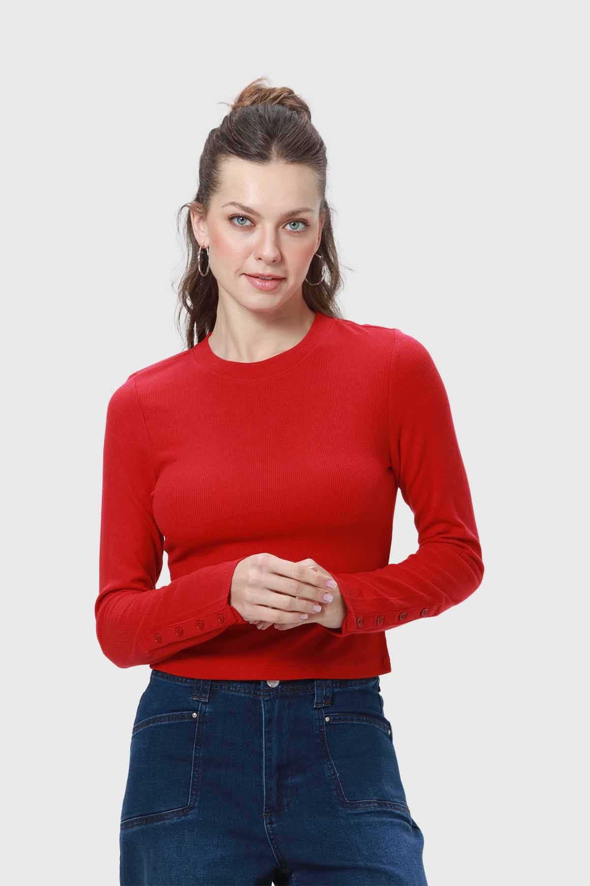 Polera Mujer Botones Rojo - Image 3