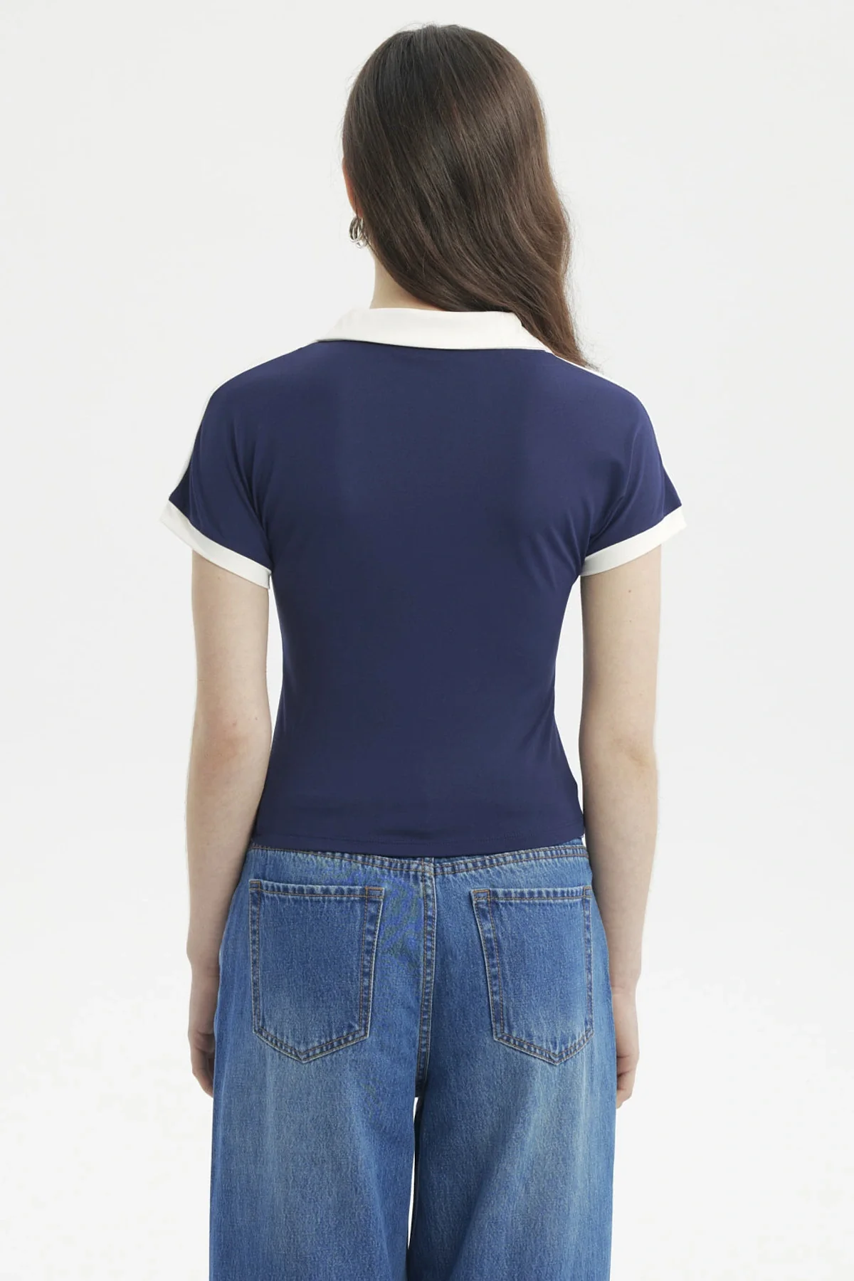 Polera Mujer Color Cuello Polo Azul - Image 3