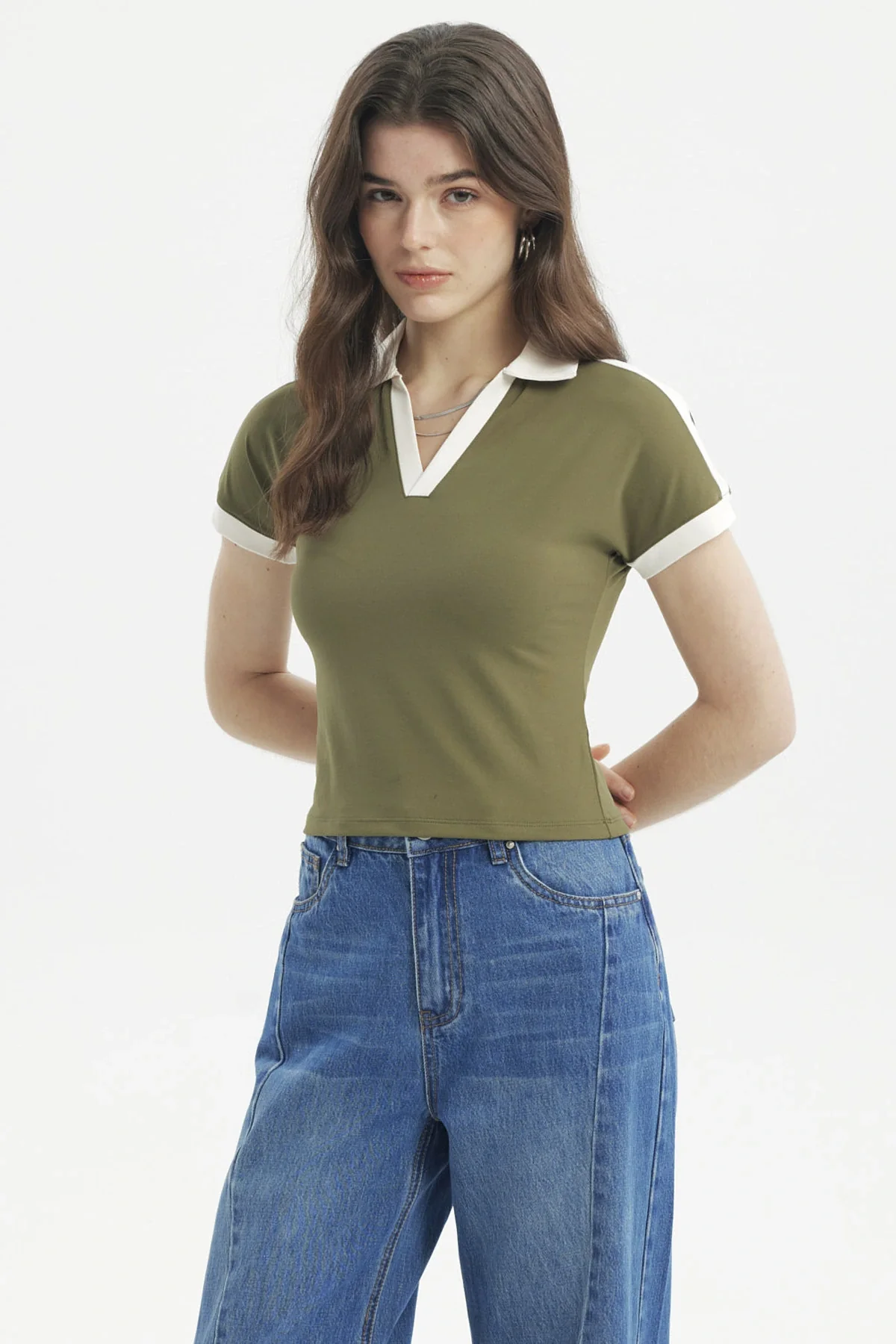 Polera Mujer Color Cuello Polo Verde Militar Claro - Image 2