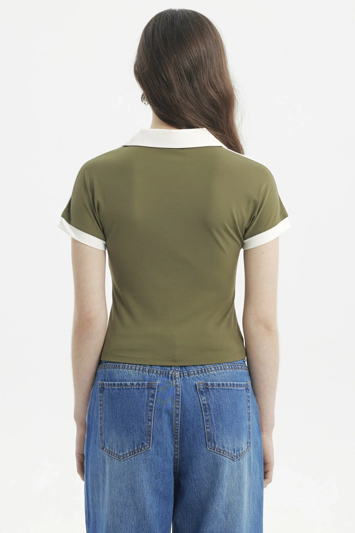Polera Mujer Color Cuello Polo Verde Militar Claro - Image 3