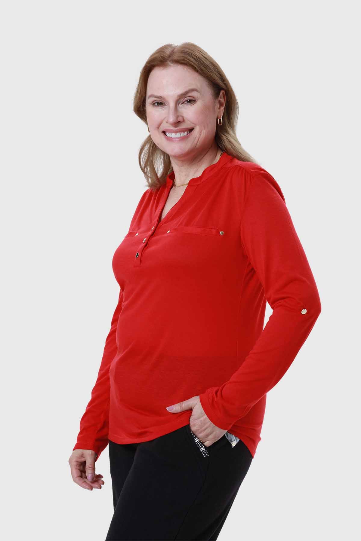 Polera Mujer Cuello Abotonado Rojo - Image 2