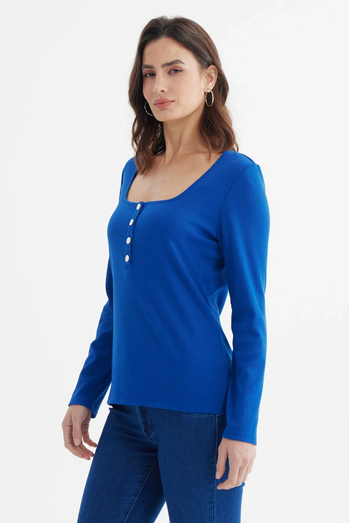 Polera Mujer Escote Cuadrado Botones Metálicos Azul - Image 2