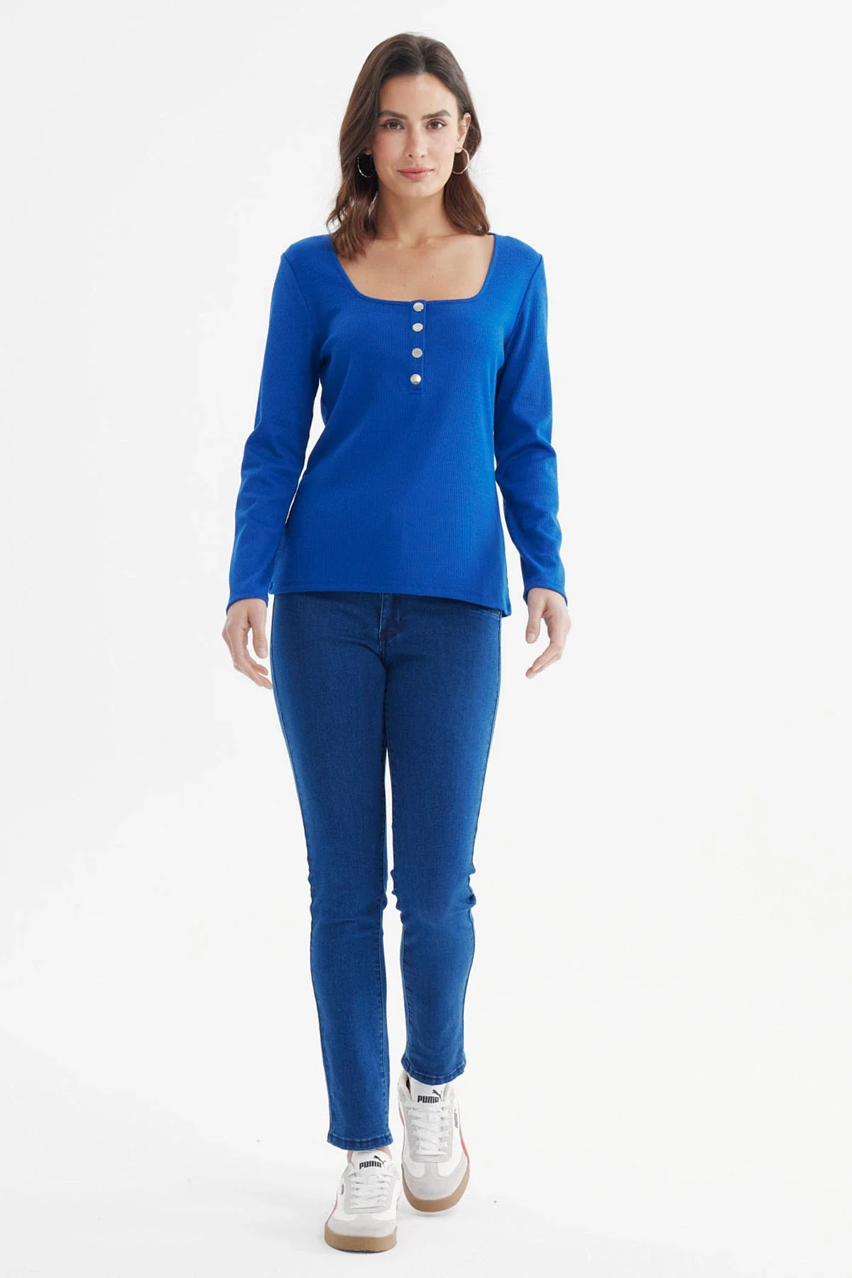 Polera Mujer Escote Cuadrado Botones Metálicos Azul - Image 4
