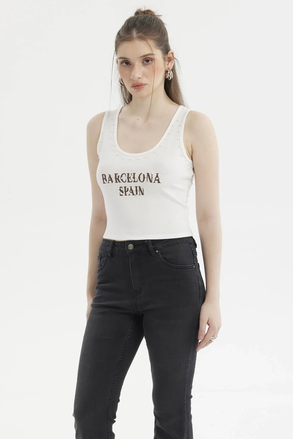 Polera Mujer Rib Aplicación Rivets Y Print Crudo - Image 2
