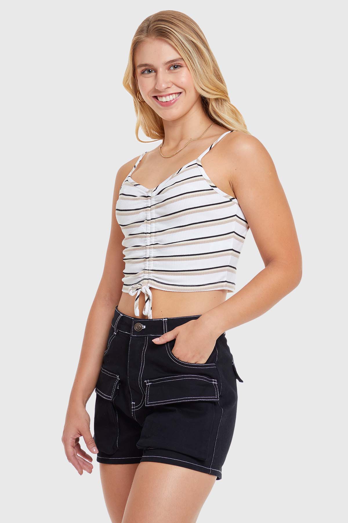 Polera Mujer Top Rayas Recogido Nude - Image 2