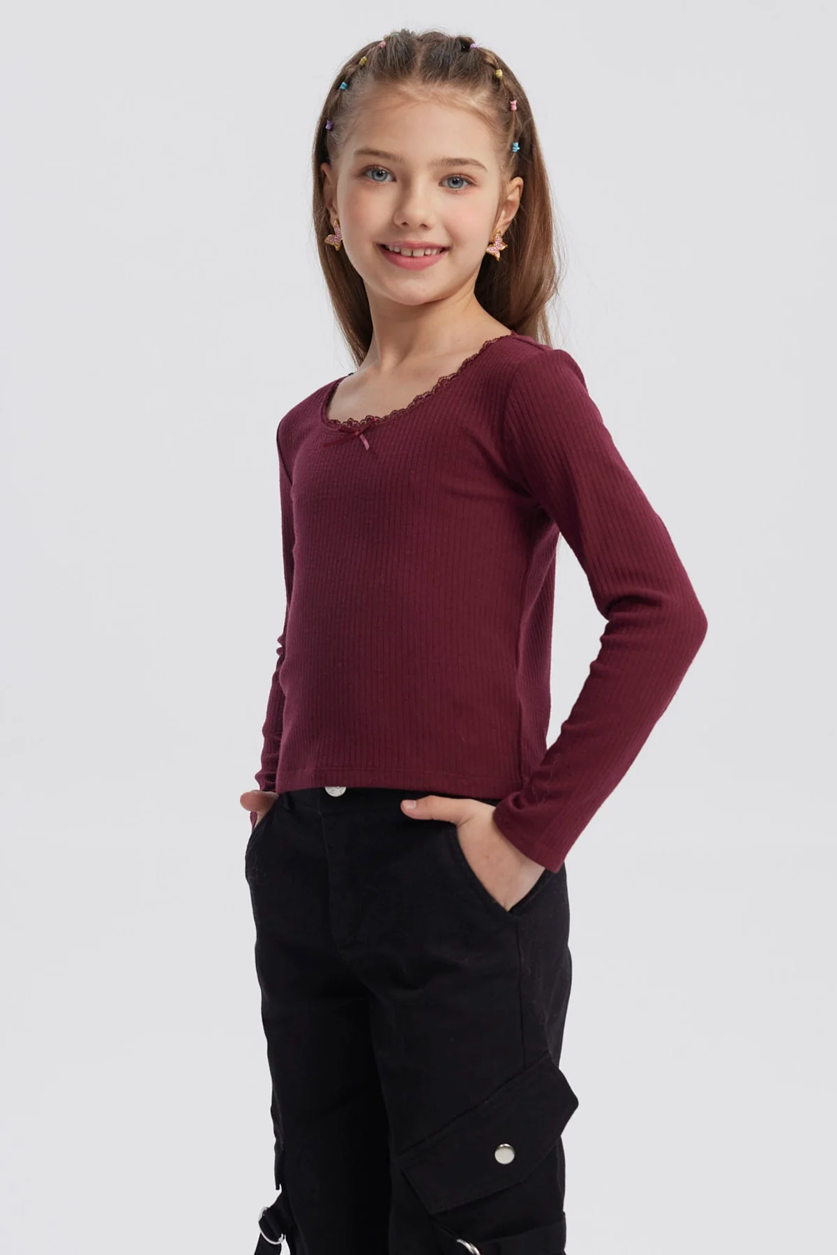 Polera Niña Cuello Encaje Burdeo - Image 2