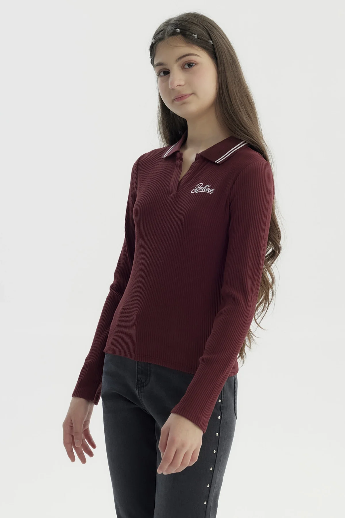 Polera Niña Escote En V Burdeo - Image 2