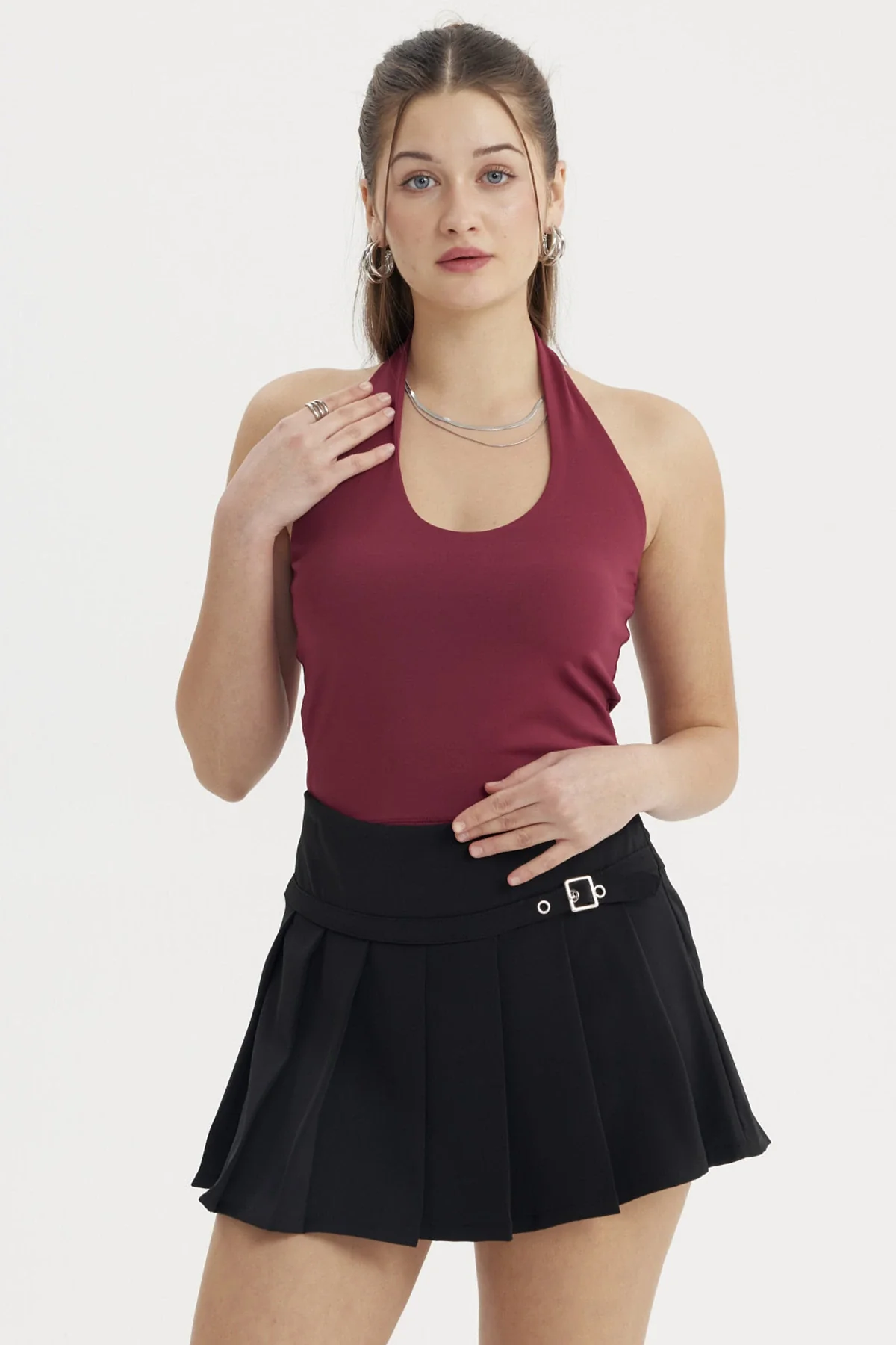 Polera Peto Mujer Halter Liso Crop Vino - Image 2