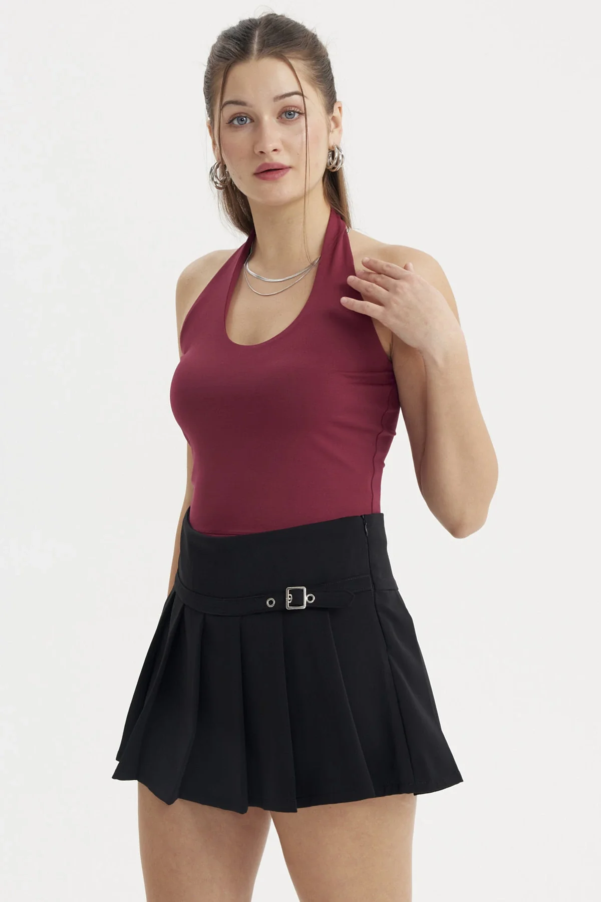 Polera Peto Mujer Halter Liso Crop Vino - Image 4