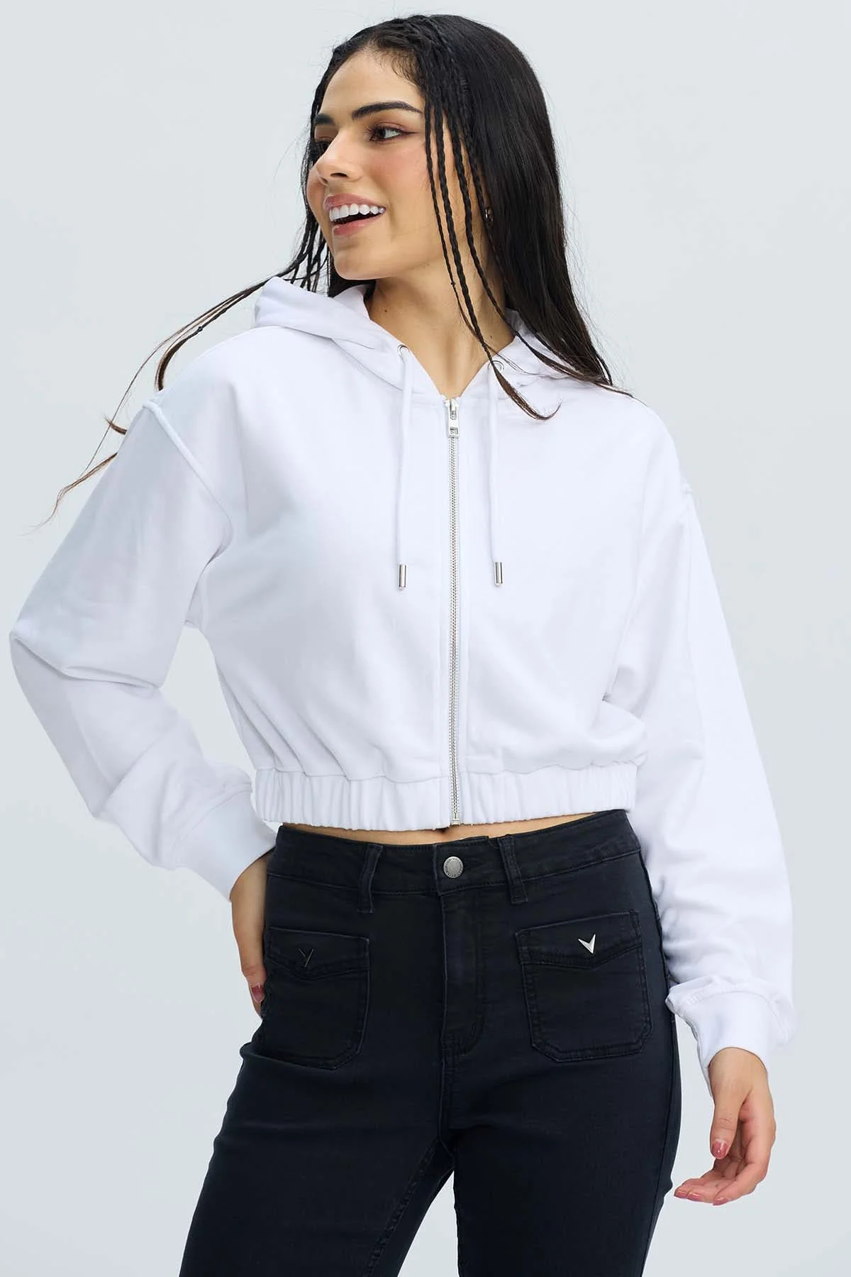 Polerón Mujer Full Zipper Crop Crudo - Image 2