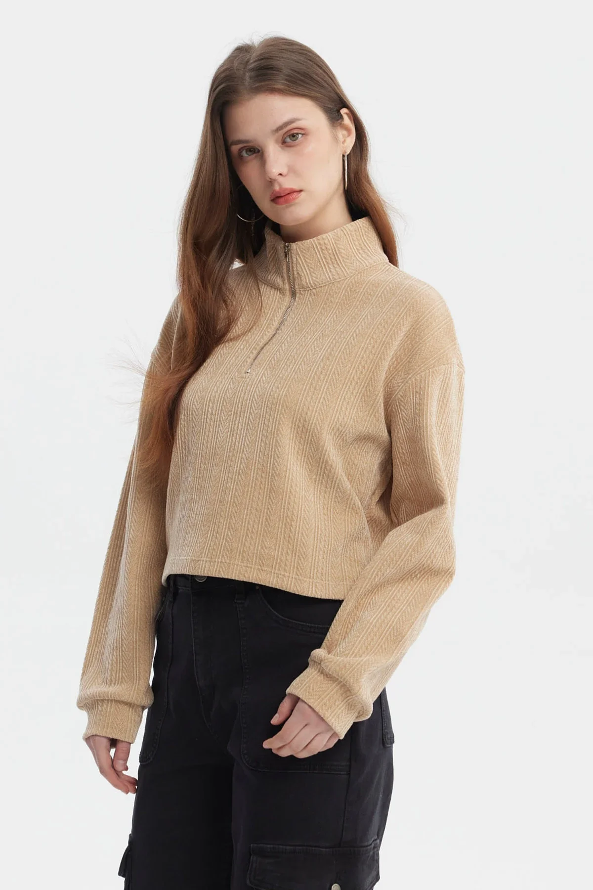 Polerón Mujer Slim Half Zipper Beige - Image 2