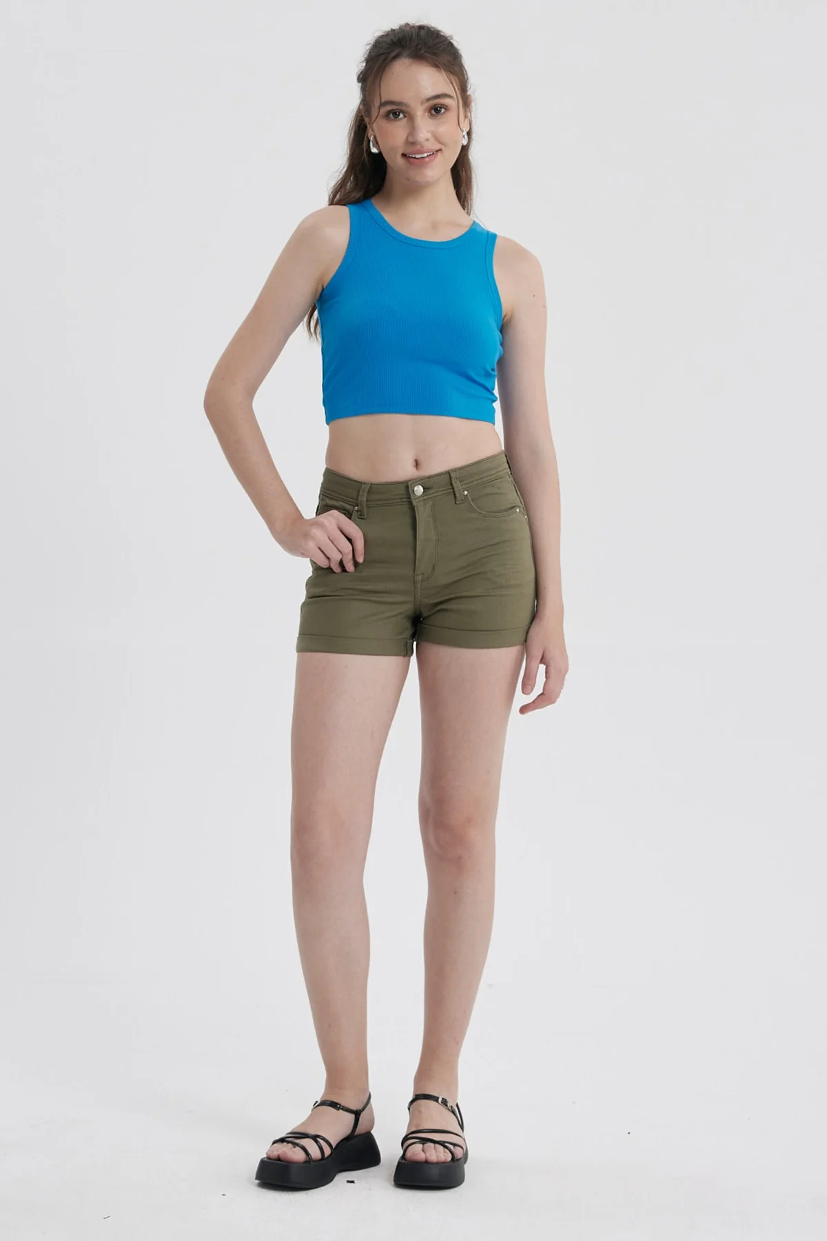 Short Mujer Color Roll Up Tiro Alto Verde - Image 4