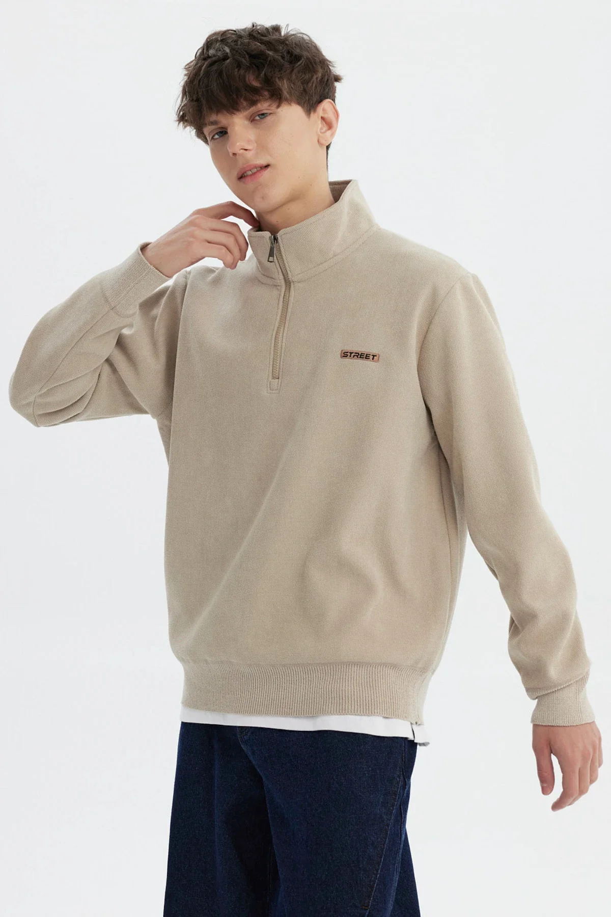 Sweater Hombre Slim Half Zipper Beige - Image 2