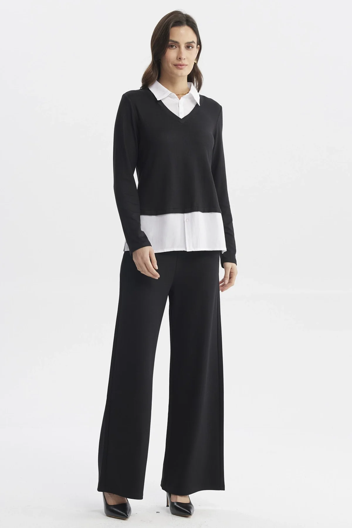 Sweater Mujer Blusa Falsa Y Faldon Negro / Blanco - Image 4