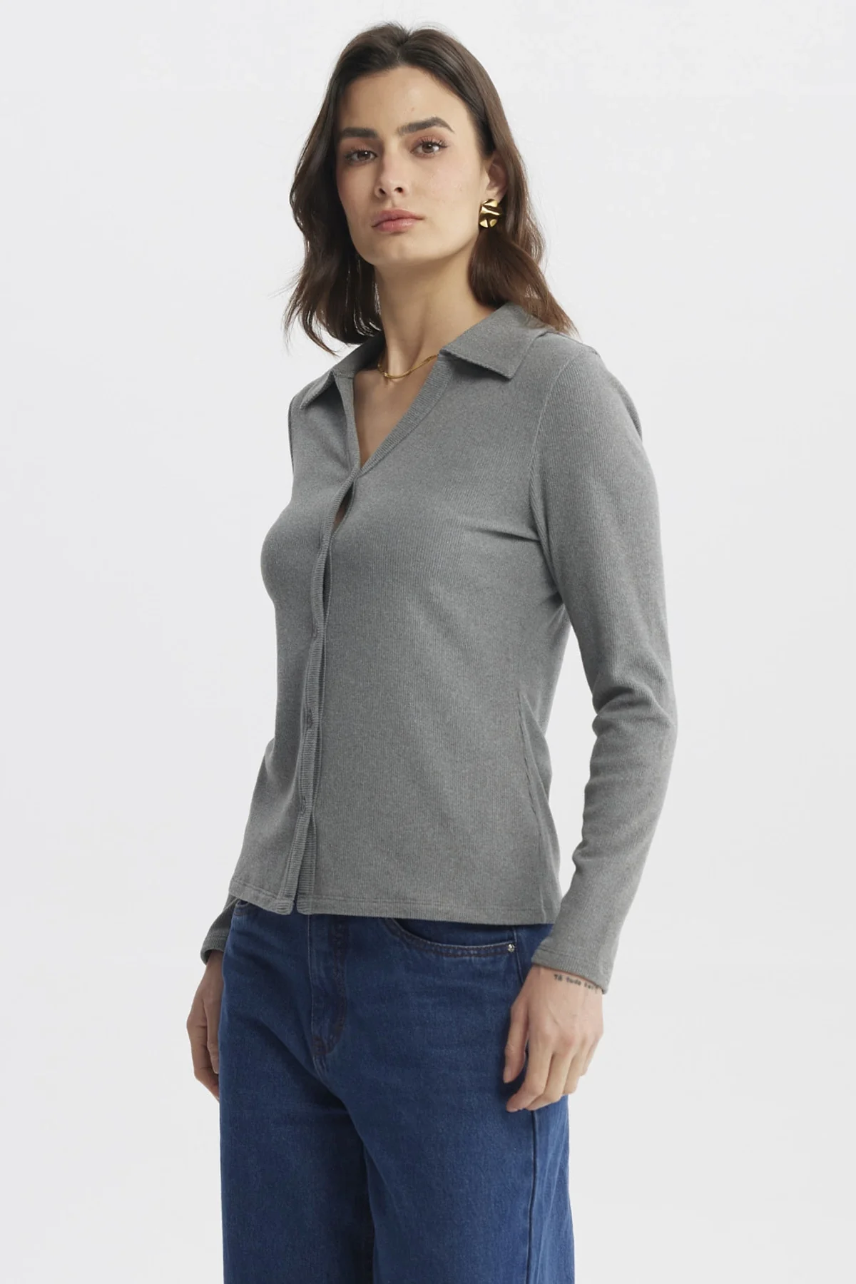 Sweater Mujer Cuello Camisero Gris Marengo - Image 2