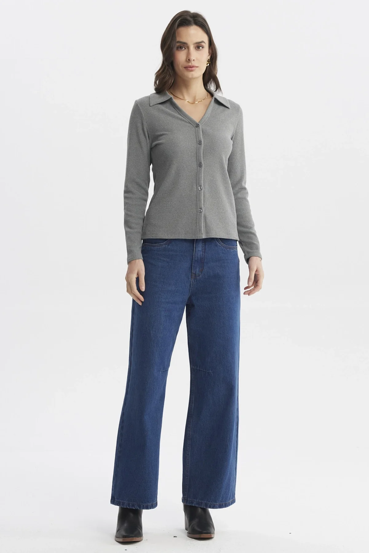 Sweater Mujer Cuello Camisero Gris Marengo - Image 4